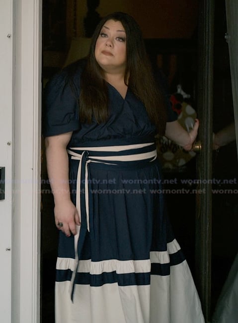 Dana’s navy v-neck dress on Sweet Magnolias
