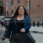 Dana’s printed dress and denim moto jacket on Sweet Magnolias