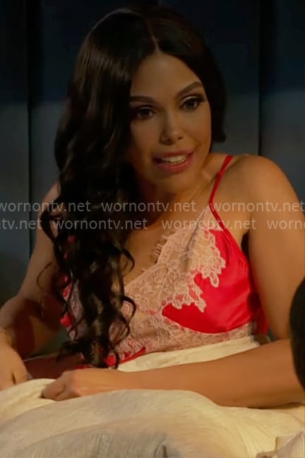 Dani’s red lace trim cami on Beyond the Gates