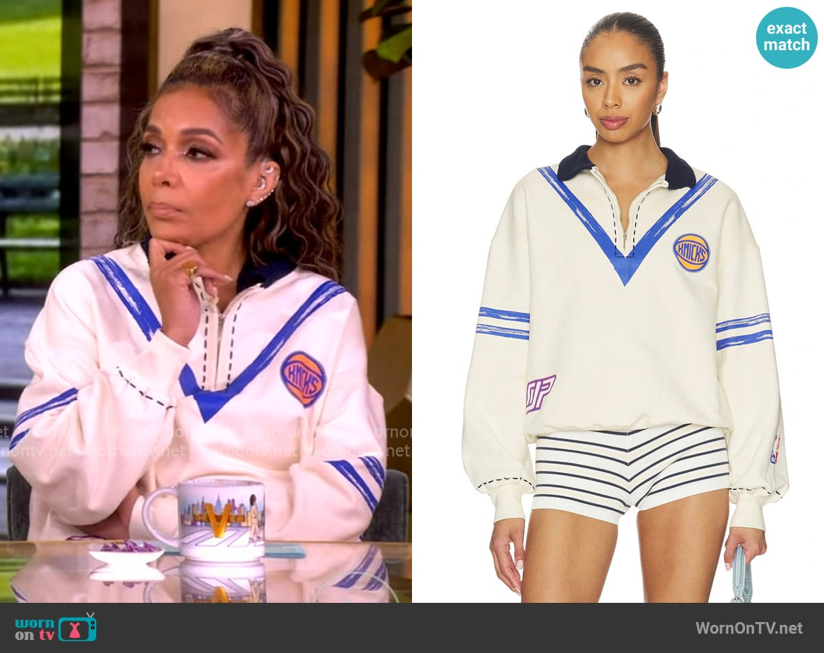 Sunny’s white Knicks varsity sweater on The View Sunny’s white Knicks varsity sweater on The View