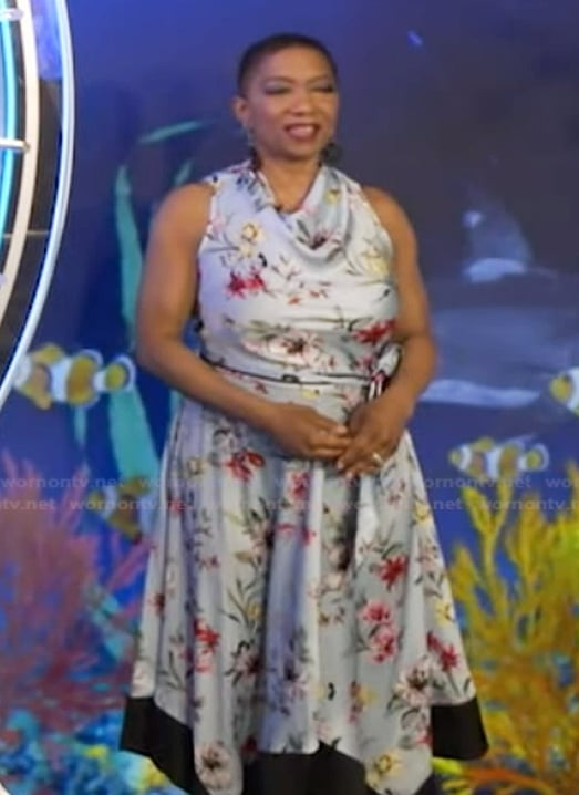 Deja Vu’s blue floral tie waist dress on Live with Kelly and Mark