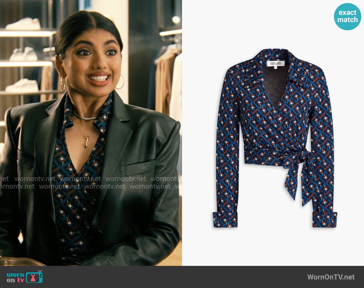 Diane von Furstenberg Bobbie cropped jacquard-knit wrap top worn by Abhinaya Chilukuri (Avantika) on Not Suitable For Work