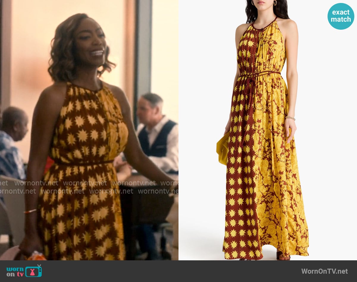 Diane von Furstenberg Darla printed crepe de chine maxi dress worn by Helen Decatur (Heather Headley) on Sweet Magnolias