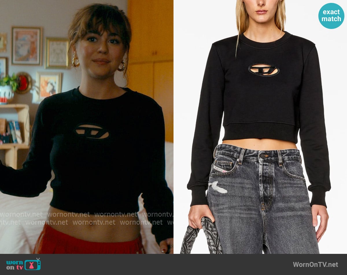 Diesel F-Slimmy-Od Cut-Out Logo Cropped Sweatshirt worn by Allie Hayes (Mika Abdalla) on Off Campus