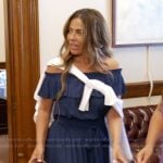 Dolores’s navy off shoulder dress on The Real Housewives of Rhode Island