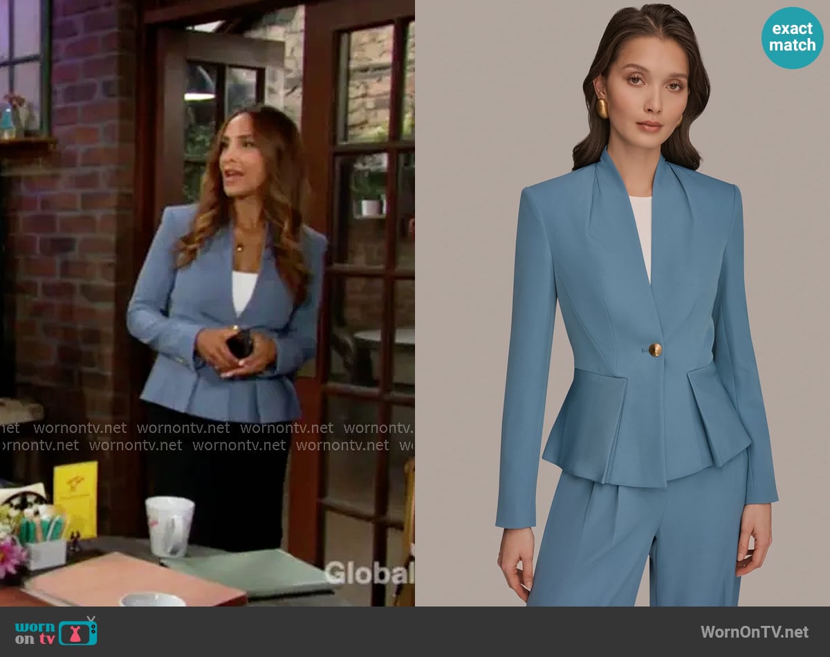 Donna Karan Collarless Pleated Peplum Blazer in Washed Indigo worn by Lily Winters (Christel Khalil) on The Young and the Restless