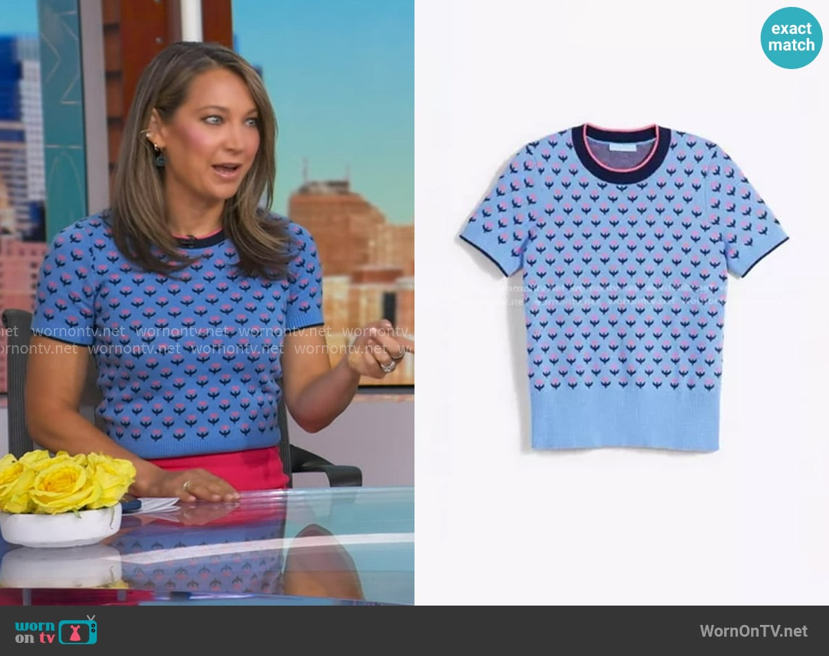 Draper James Jacquard Pink Tulip Sweater worn by Ginger Zee on Good Morning America