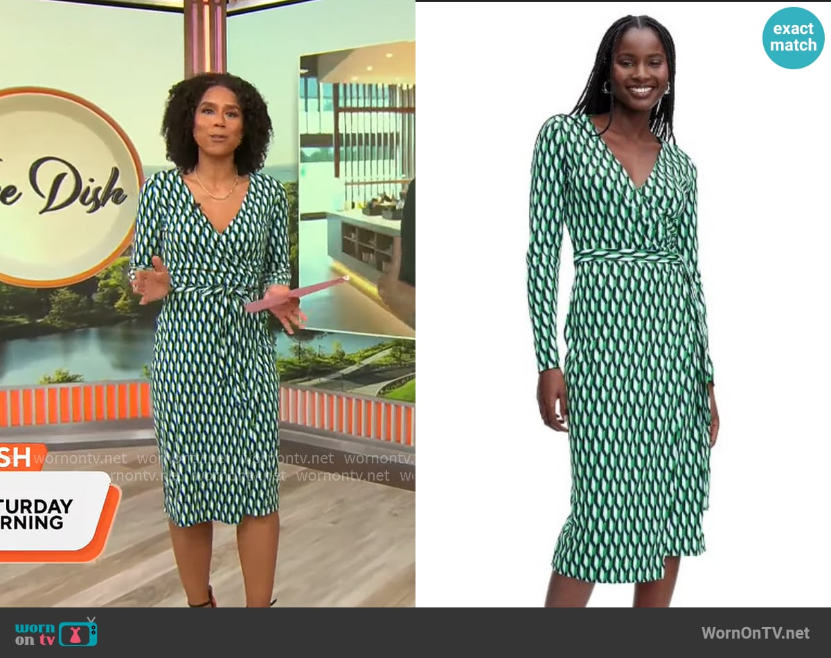 DVF for Target Long Sleeve Midi Arrow Geo Green Wrap Dress worn by Adriana Diaz on CBS Mornings