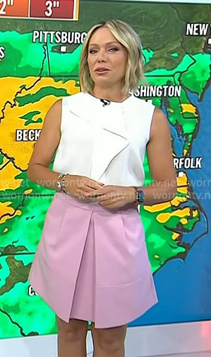 Dylan’s white sleeveless ruffle top and pink skirt on Today