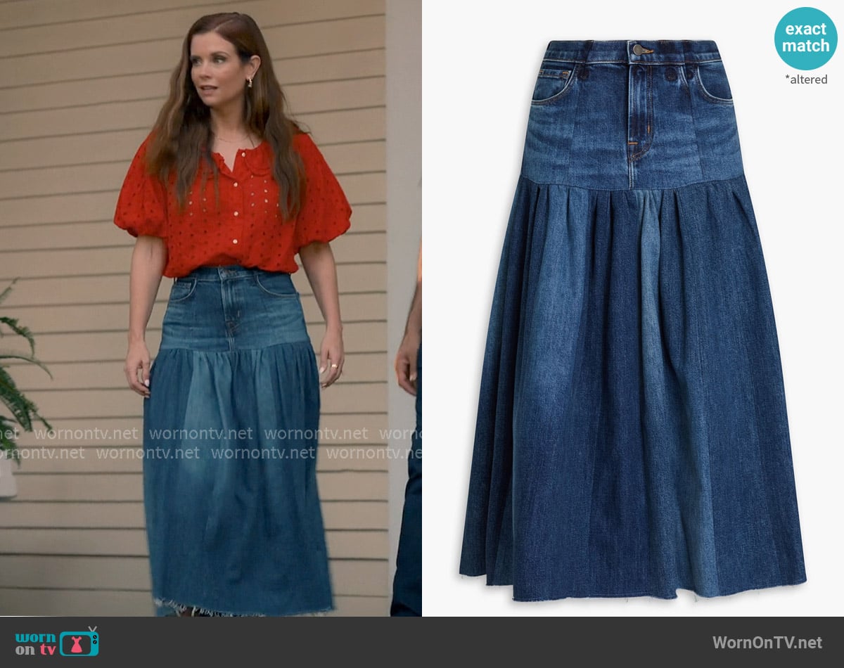 E.L.V. Denim x The Outnet The Drop Waist denim midi skirt worn by Maddie Townsend (JoAnna Garcia Swisher) on Sweet Magnolias