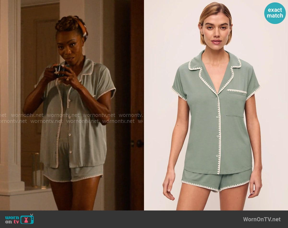Eberjey Frida Cami/Shorts Pj Set in Eucalyptus/Ivory worn by Helen Decatur (Heather Headley) on Sweet Magnolias