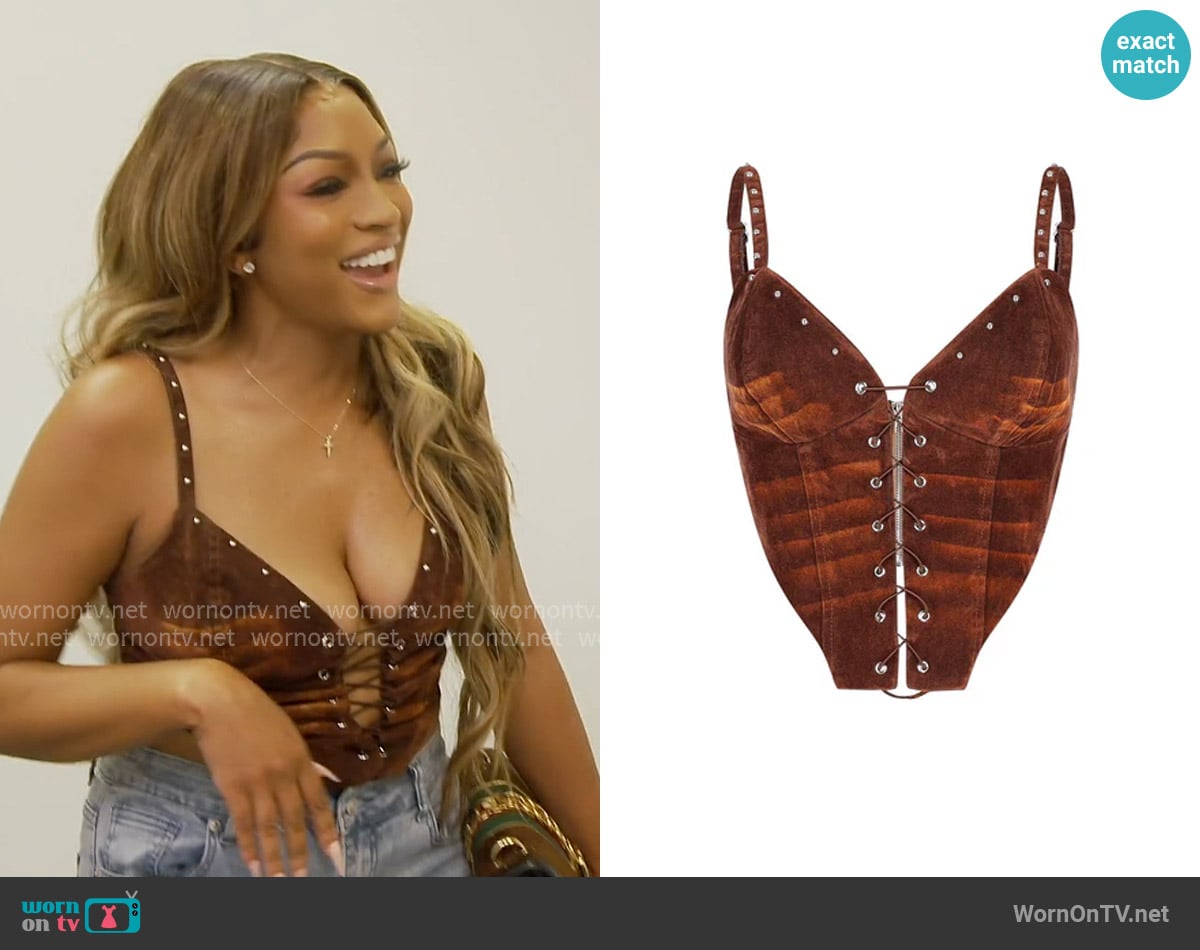 Edge by Ks St. George Faux Suede Corset Top worn by Drew Sidora on The Real Housewives of Atlanta