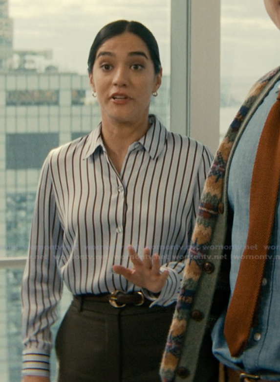 Elena’s blue striped shirt on Not Suitable For Work