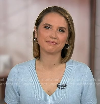 Elizabeth’s blue v-neck sweater on Good Morning America