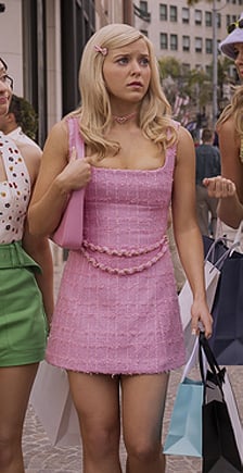 Elle’s pink tweed mini dress with chain belt on Elle