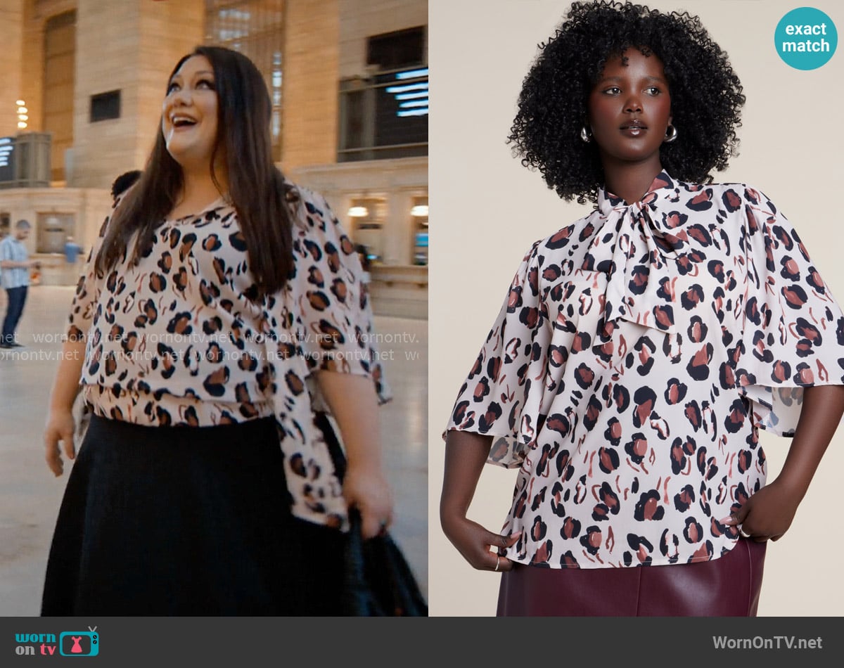 Eloquii Bow Blouse With Flutter Sleeve in Panther worn by Dana Sue Sullivan (Brooke Elliott) on Sweet Magnolias