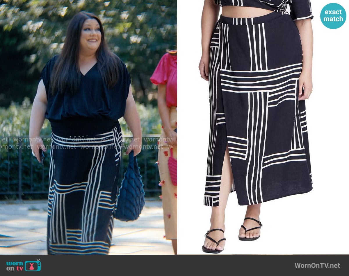 Eloquii Wrapover Printed Skirt in Stripe Remix worn by Dana Sue Sullivan (Brooke Elliott) on Sweet Magnolias
