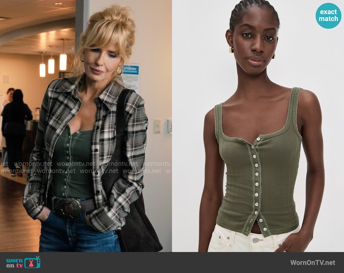 End Game Pointelle Tank in Adventurer worn by Beth Dutton (Kelly Reilly) on Dutton Ranch