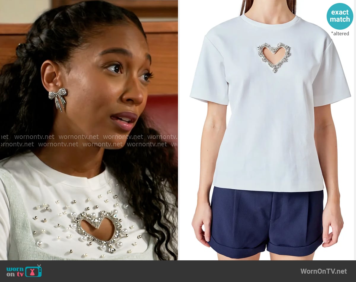 Endless Rose Rhinestone Trim Heart Cutout Relaxed Fit T-Shirt worn by Samantha Richardson (Najah Jackson) on Beyond the Gates