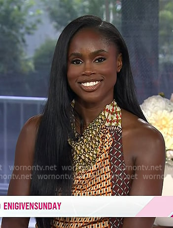 Eni Popoola’s goemectric print sleeveless top and khaki shorts on Today