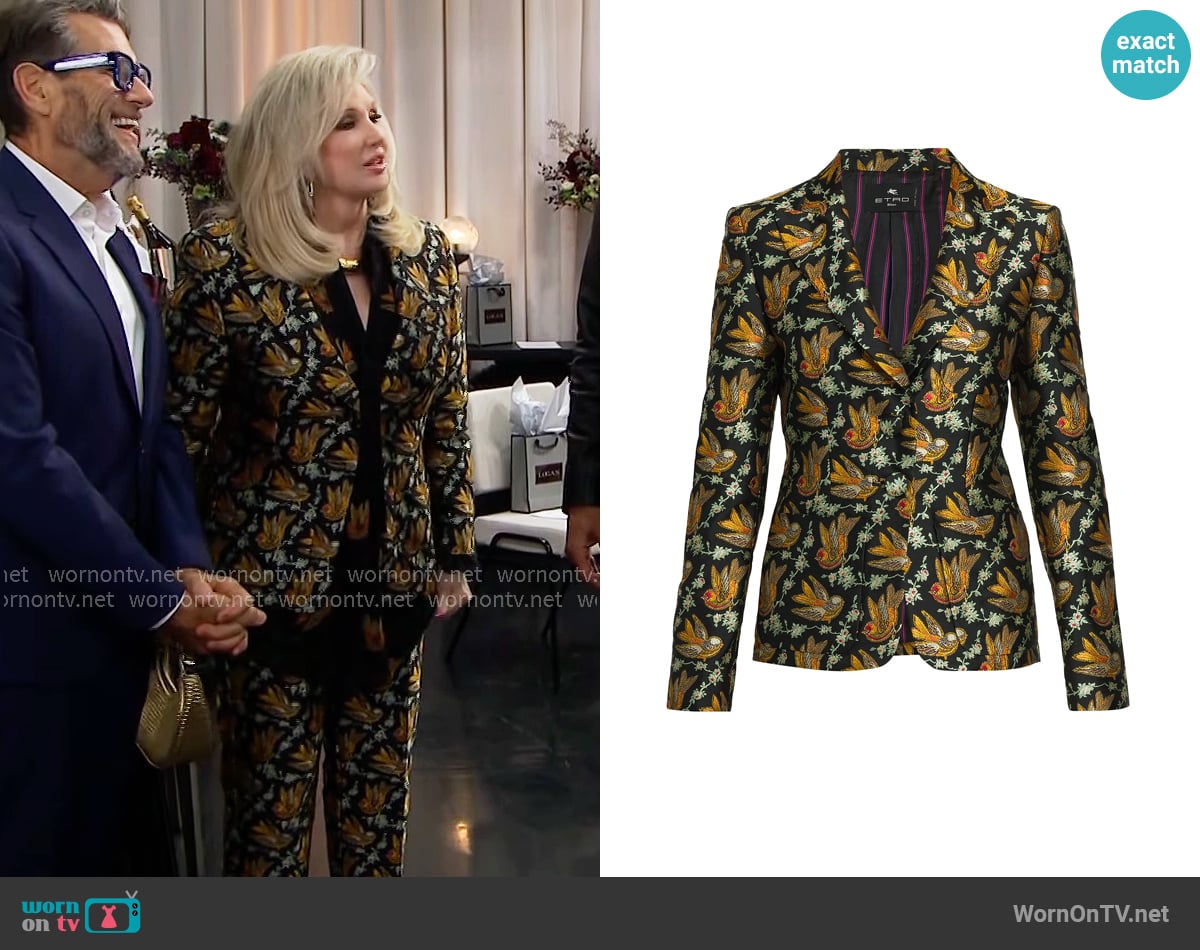 Etro Bird Jacquard Jacket worn by Dottie (Morgan Fairchild) on The Bold and the Beautiful