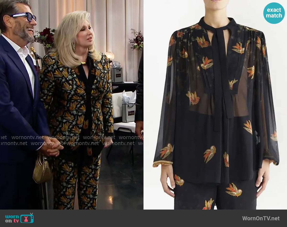Etro Bird-print Silk Blouse worn by Dottie (Morgan Fairchild) on The Bold and the Beautiful