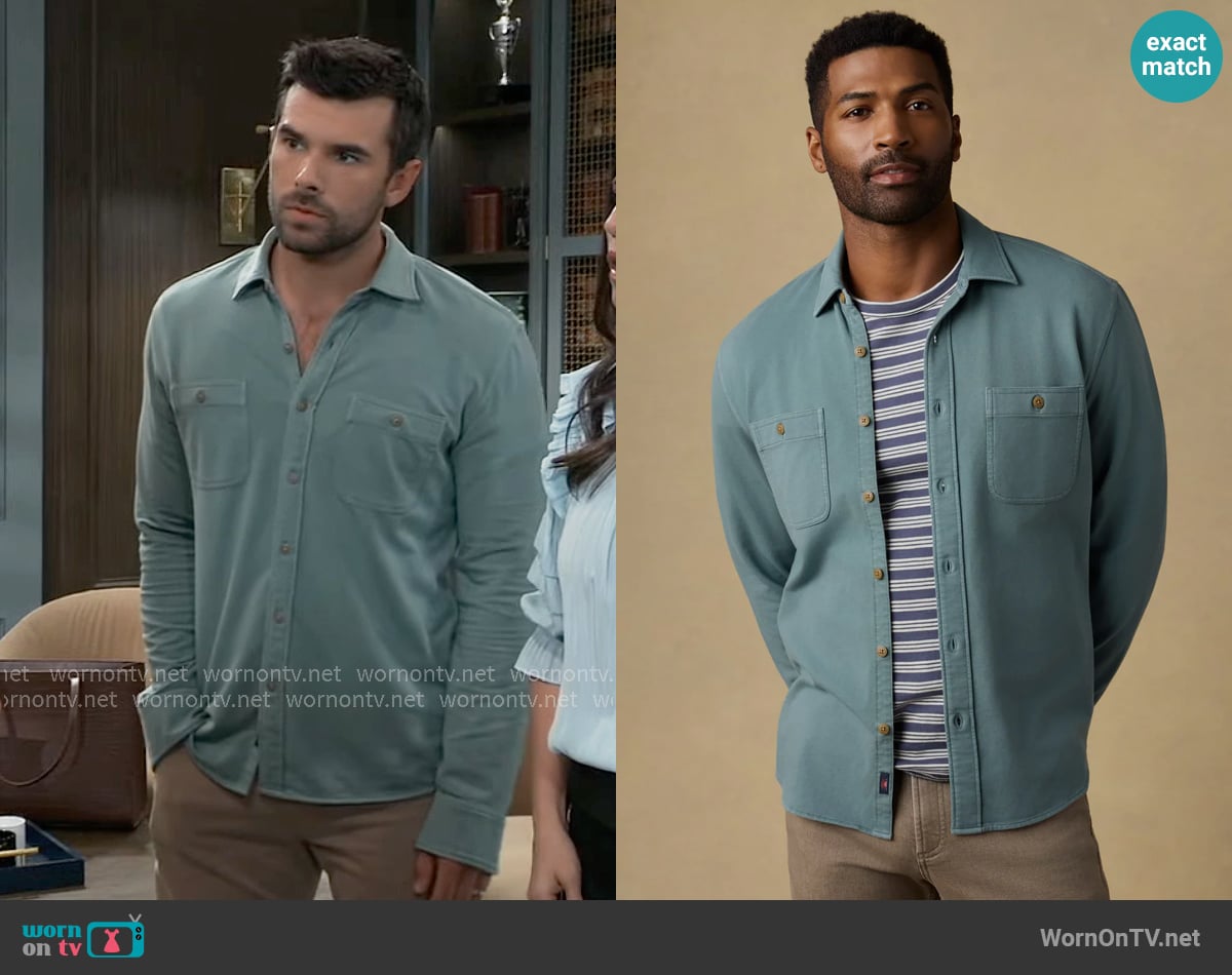 Faherty Field Knit Shirt in Aspen Green worn by Harrison Chase (Josh Swickard) on General Hospital