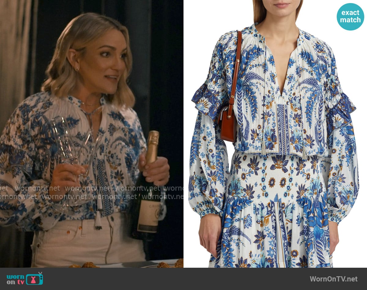 Farm Rio Ana Tapestry Cotton-Blend Blouse worn by Noreen Fitzgibbons (Jamie Lynn Spears) on Sweet Magnolias