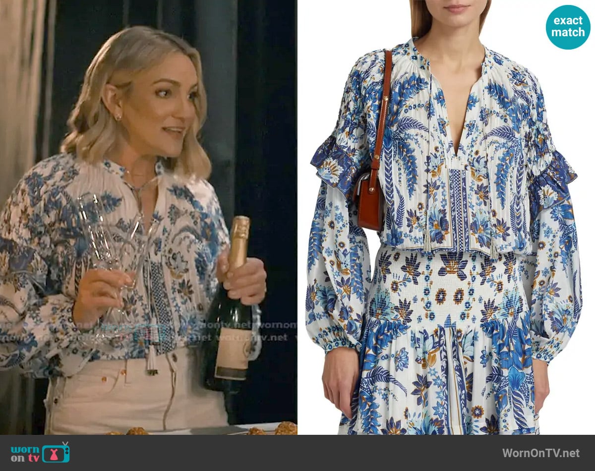 Farm Rio Ana Tapestry Cotton-Blend Blouse worn by Noreen Fitzgibbons (Jamie Lynn Spears) on Sweet Magnolias