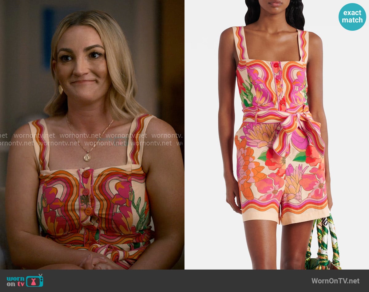 Farm Rio Spring Affair Printed Romper worn by Noreen Fitzgibbons (Jamie Lynn Spears) on Sweet Magnolias
