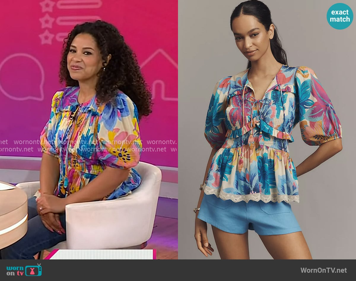 Farm Rio x Anthropologie Puff-Sleeve Tie-Front Blouse worn by Arianna Davis on Today