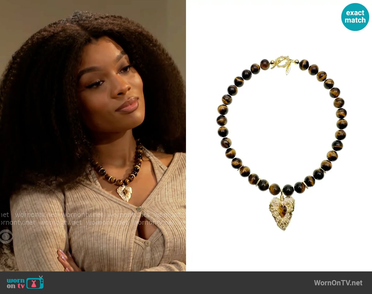 Farra Tiger Eye Stone With Leaf Pendant Chunky Necklace worn by Eva Thomas (Ambyr Michelle) on Beyond the Gates