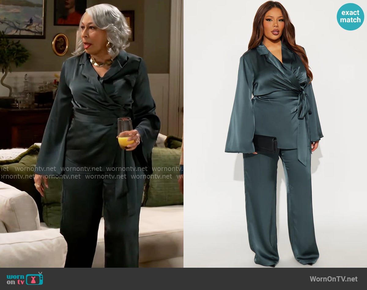 Fashion Nova Margot Satin Wrap Shirt And Pant Set in Teal worn by Anita Dupree (Tamara Tunie) on Beyond the Gates