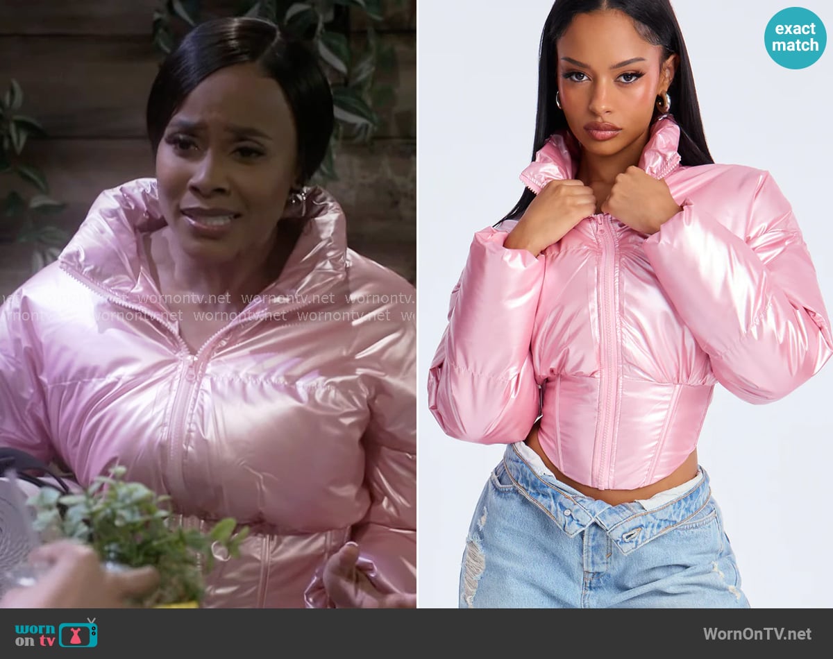 Fashion Nova Outshine The Rest Patent Faux Leather Puffer Jacket worn by Hayley Lawson (Marquita Goings) on Beyond the Gates