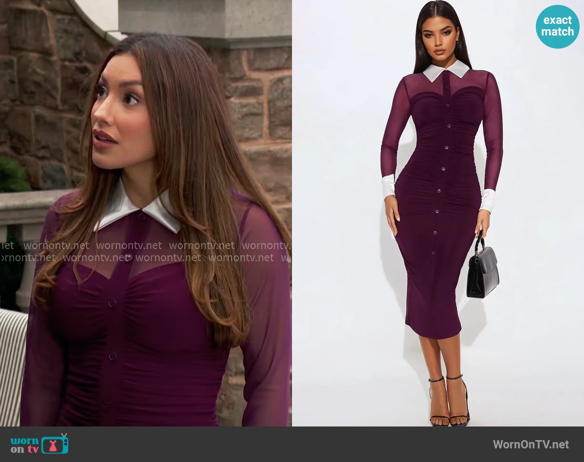 Fashion Nova She Means Business Mesh Shirt Midi Dress in Eggplant worn by Audra Charles (Zuleyka Silver) on The Young and the Restless