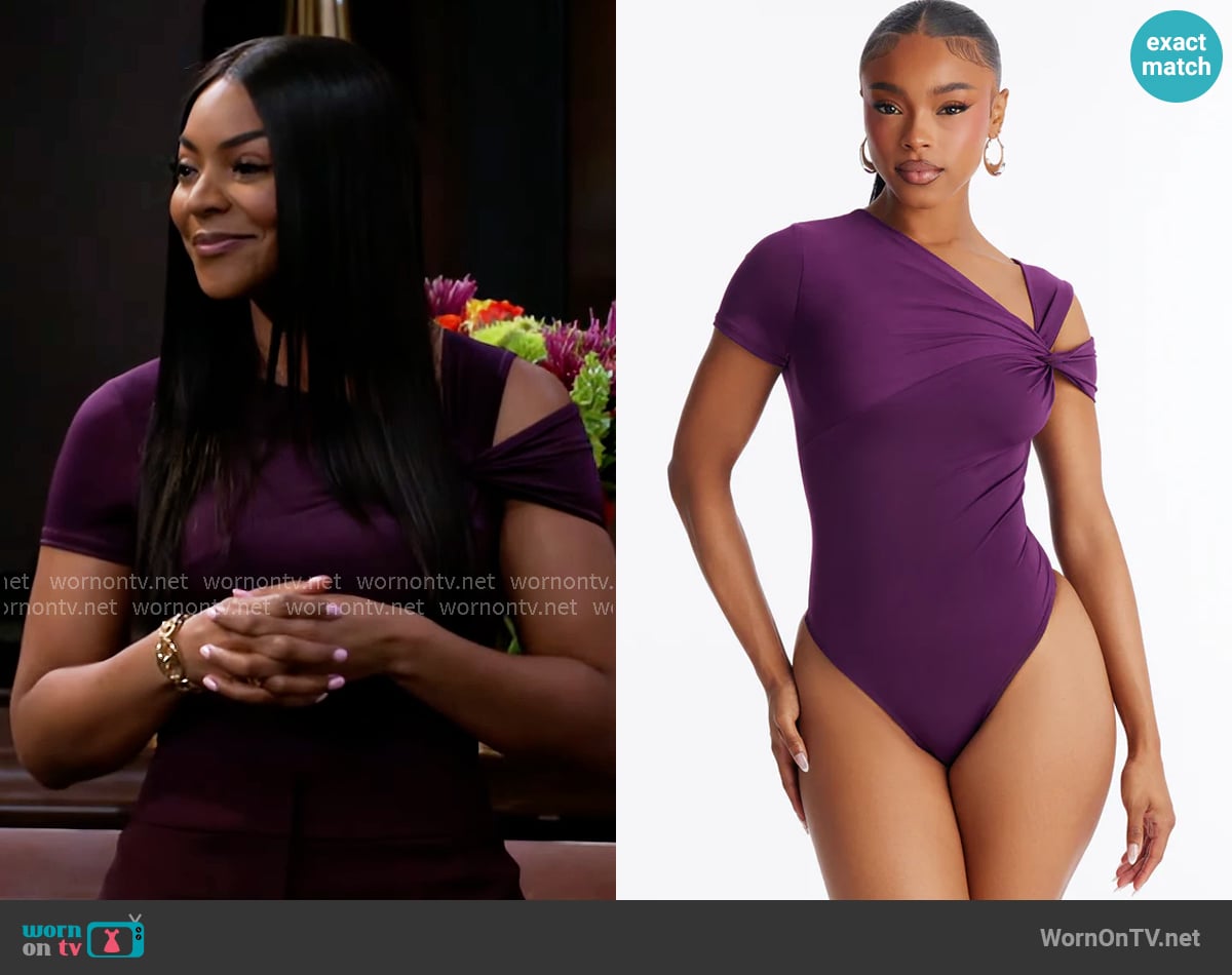 Fashion Nova Twist It Up Cut Out Bodysuit in Plum worn by Shanice Johnson (Ernestine Johnson) on Beyond the Gates