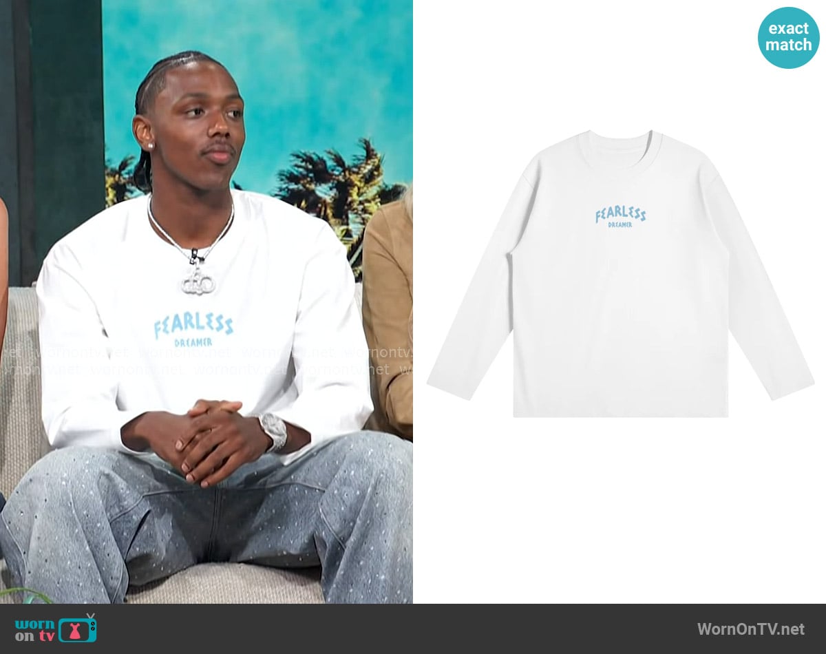 Fearless Dreamer Long Sleeve T-Shirt in Whtie worn by Hercy Miller on Access Hollywood