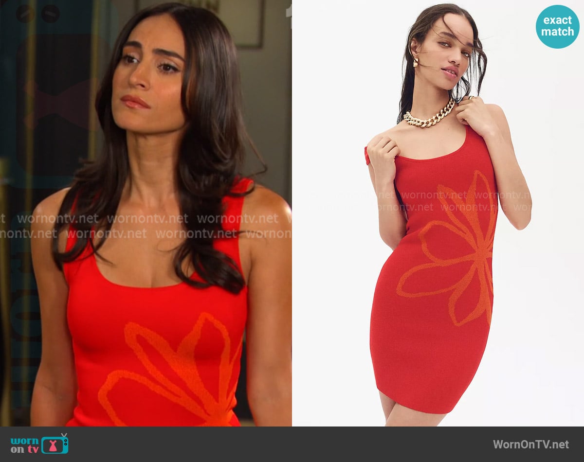 Flat White Sleeveless Square-Neck Flower-Printed Knit Mini Dress worn by Gabi Hernandez (Cherie Jimenez) on Days of our Lives