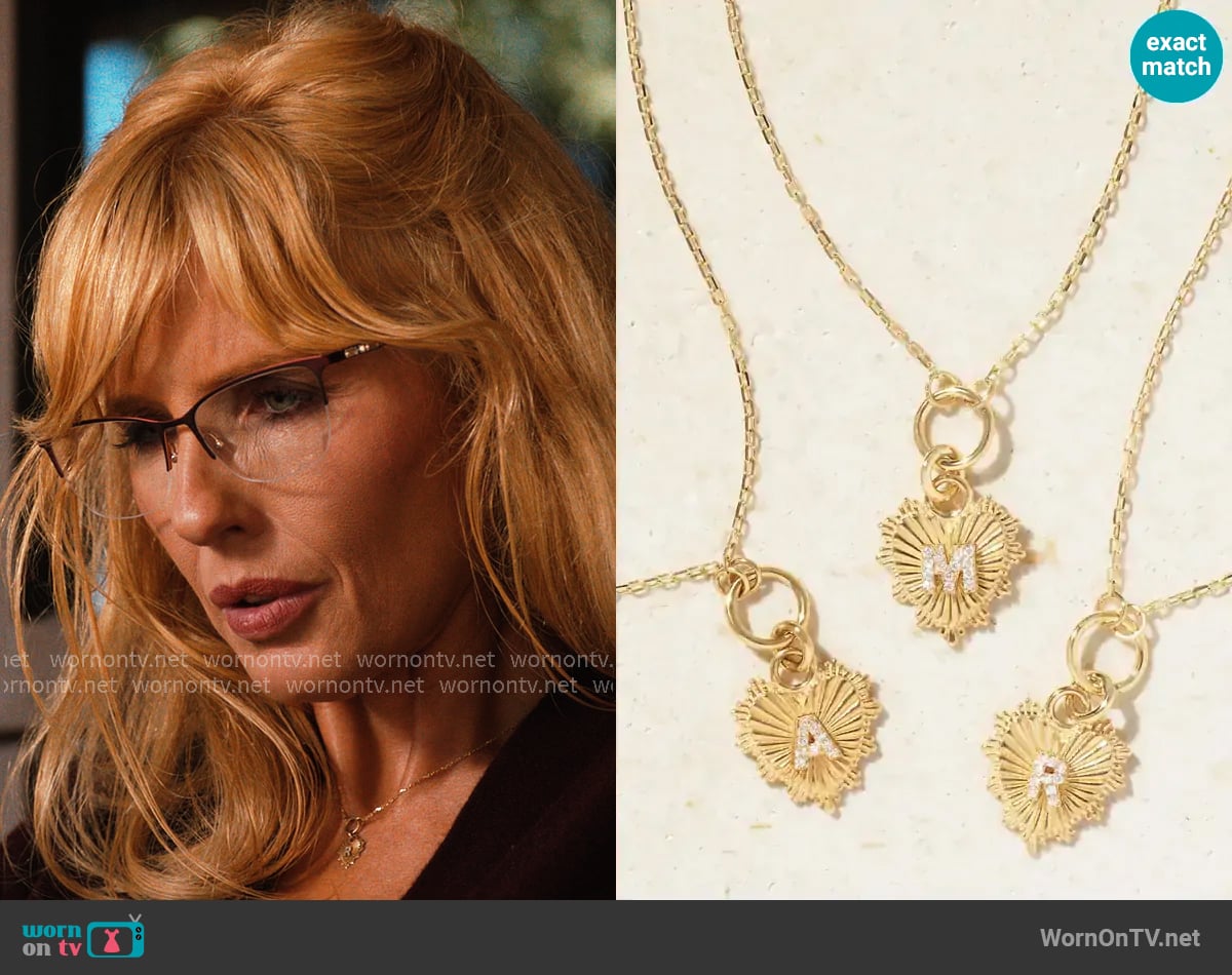 Foundrae Initial 18-karat gold diamond necklace worn by Beth Dutton (Kelly Reilly) on Dutton Ranch