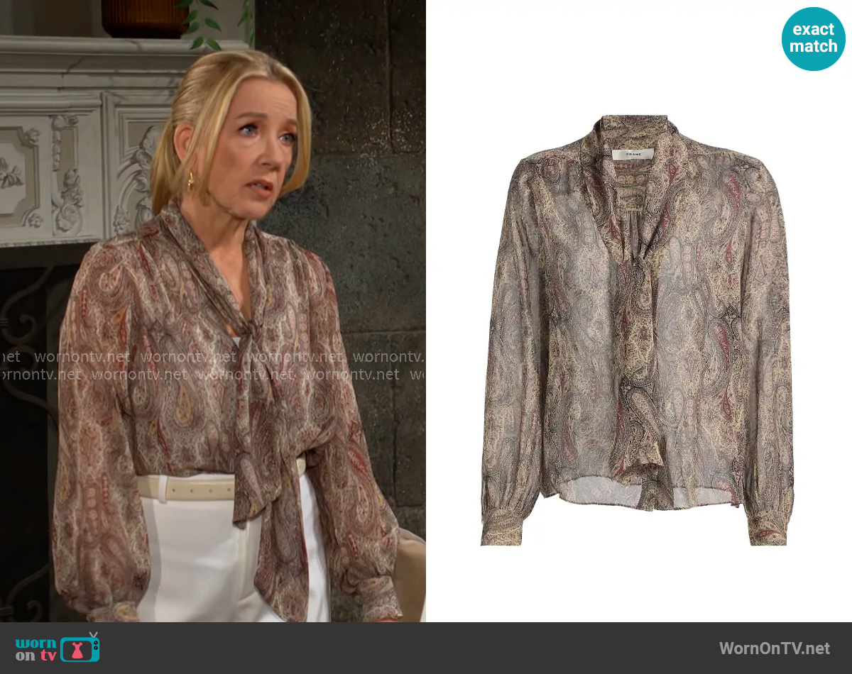 Frame The Paisley Silk Tie Blouse worn by Nikki Reed Newman (Melody Thomas-Scott) on The Young and the Restless