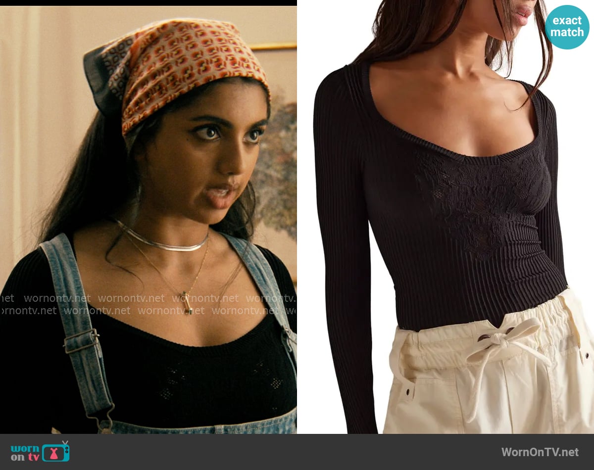 Free People Dynamic Duo Pointelle & Rib Long Sleeve Top in Black worn by Abhinaya Chilukuri (Avantika) on Not Suitable For Work