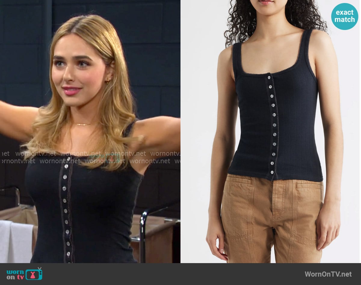 Free People End Game Pointelle Button-Up Tank in Black worn by Holly Jonas (Ashley Puzemis) on Days of our Lives