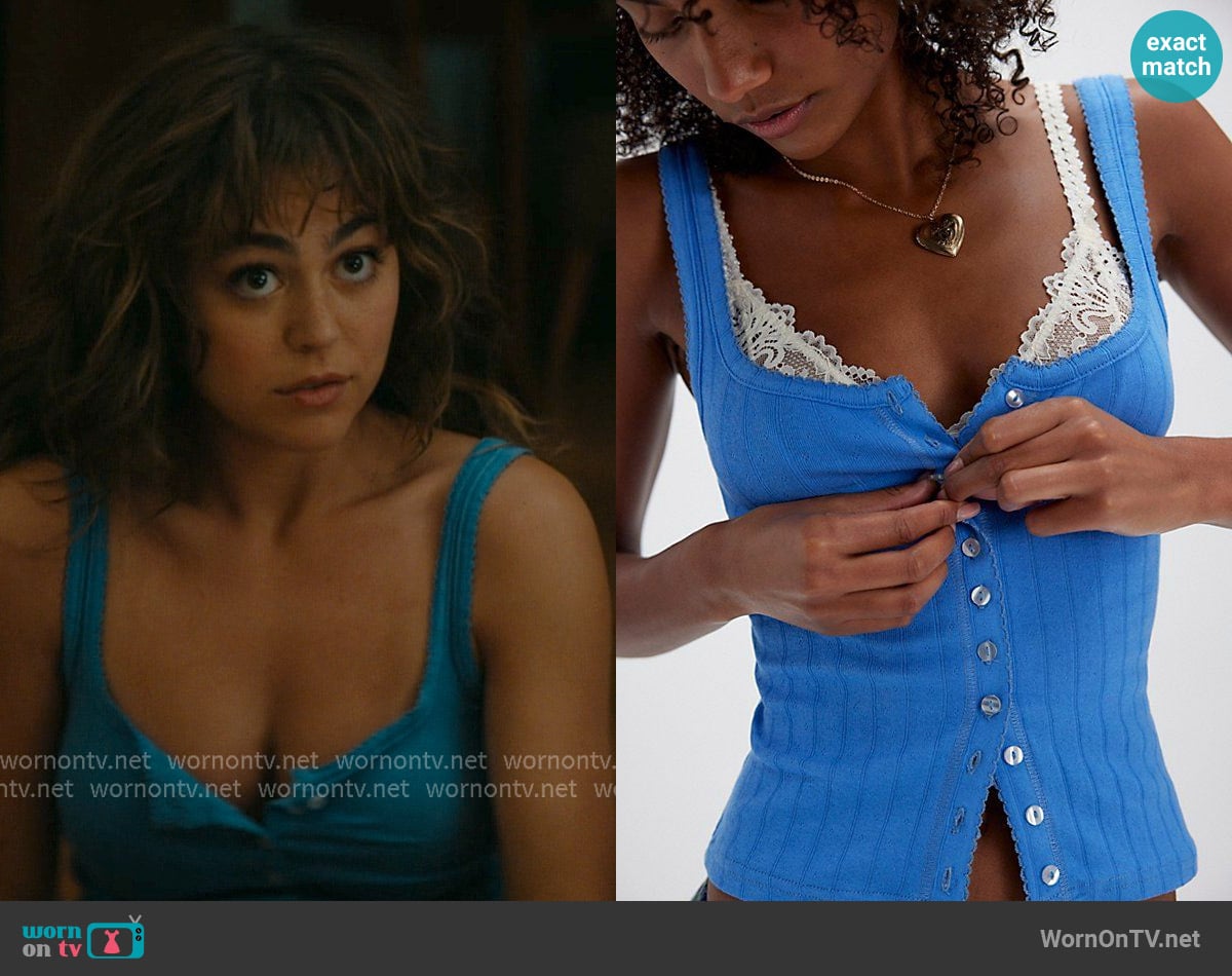 Free People End Game Pointelle Tank in Blue Marina worn by Allie Hayes (Mika Abdalla) on Off Campus