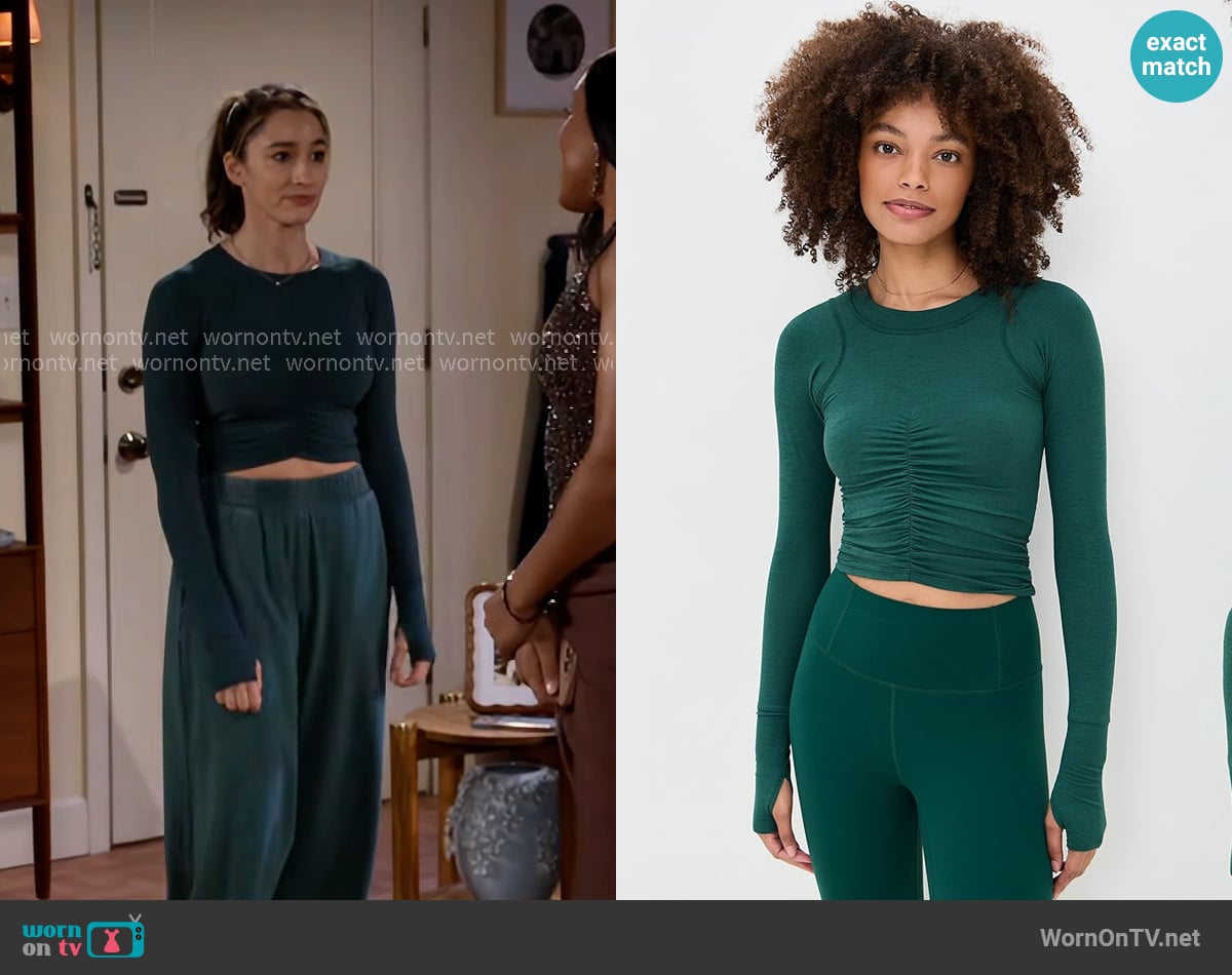 Free People Tempo Ruched Long Sleeve Top in Evergreen worn by Ashley Morgan (Jen Jacob) on Beyond the Gates