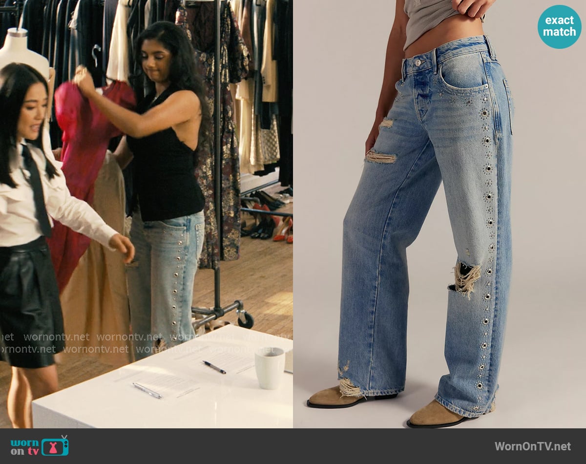 Free People Tennessee Low-Rise Boyfriend Studded Jeans in Destroy Delphi worn by Abhinaya Chilukuri (Avantika) on Not Suitable For Work