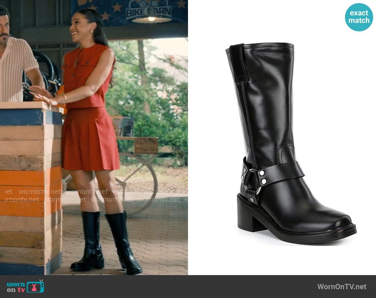 Frye Kate Leather O-Ring Hardware Moto Boots worn by Courtney Sinclair (Courtney Grace) on Sweet Magnolias