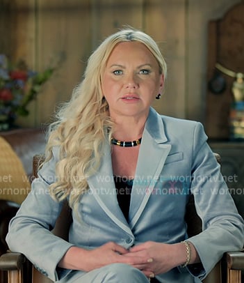 Galyna’s grey velvet confessional blazer and pants on The McBee Dynasty Real American Cowboys