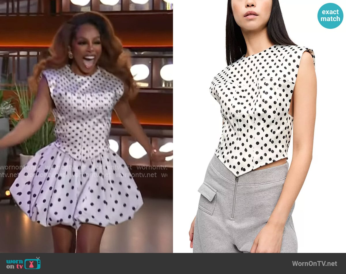 Ganni Polka Dot Satin Corset Blouse worn by Candiace Dillard Bassett on The Kelly Clarkson Show