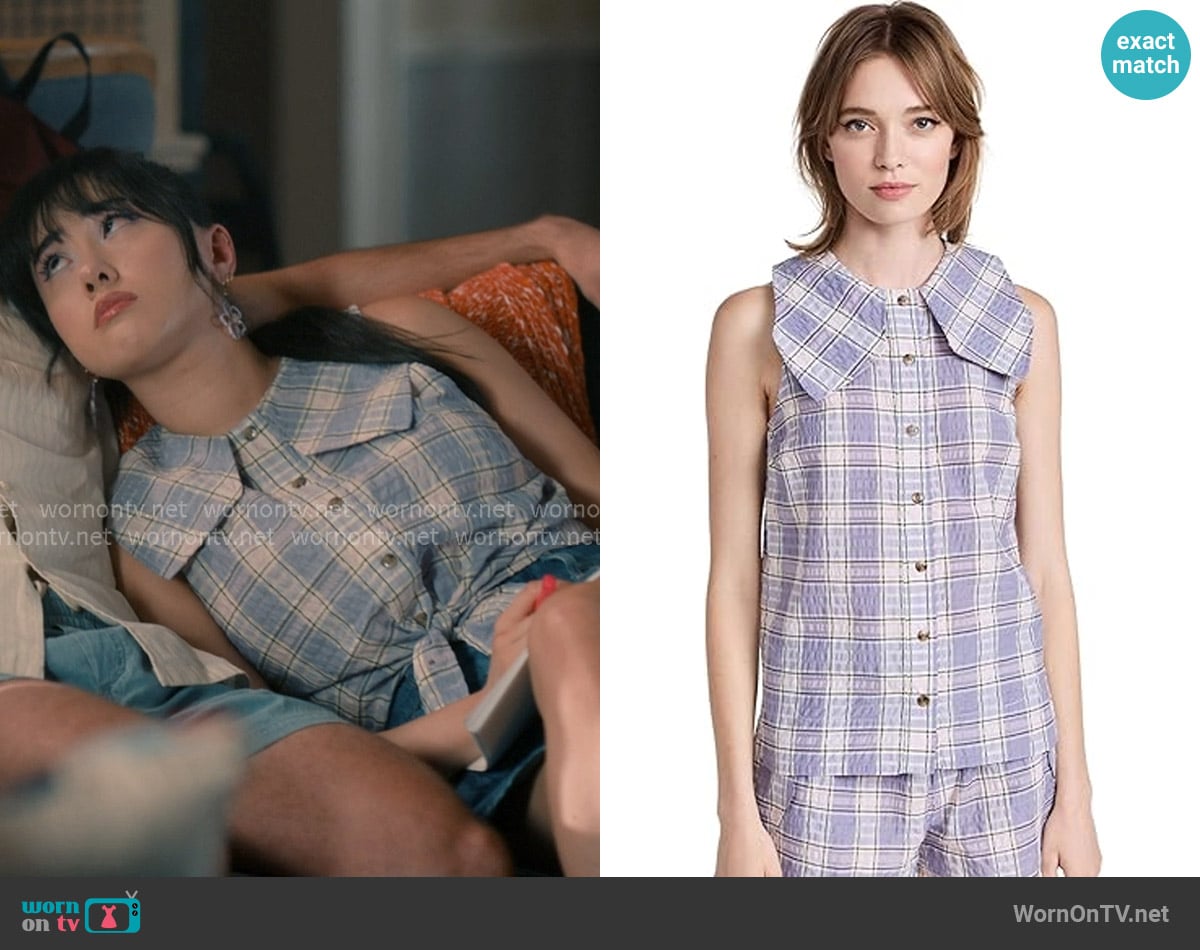 Ganni Seersucker Check Blouse worn by Lily Song (Artemis) on Sweet Magnolias