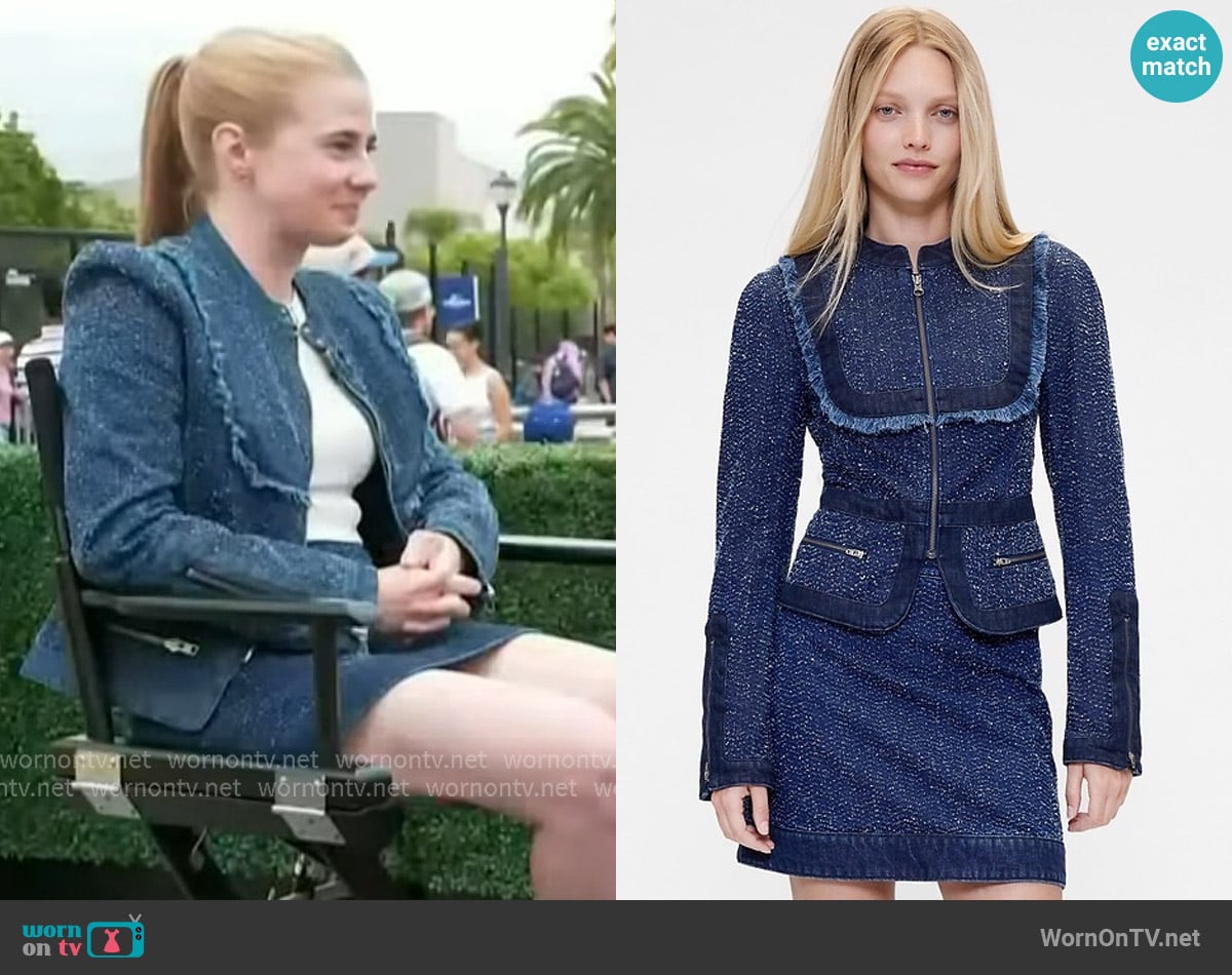 GapStudio Denim Tweed Fringe Jacket worn by Taylor Dearden on Access Hollywood